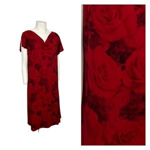 1990s Whimsy Goth Red Rose Party Dress Flutter Sleeve / Women’s Large